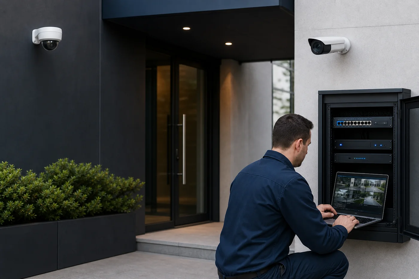 Technician commissioning a professional IP surveillance system